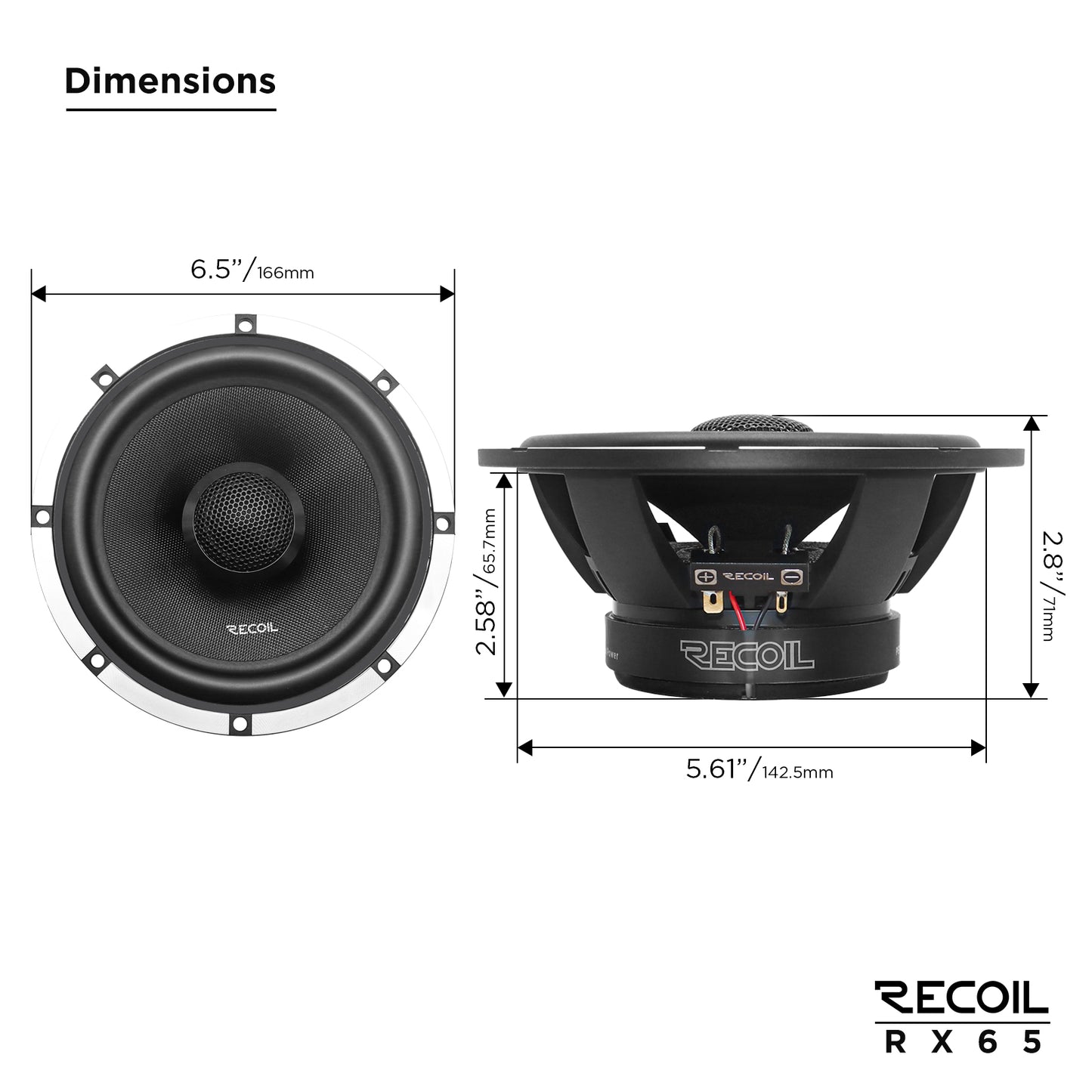 Recoil RX65 Echo Pro 6.5" 2-Way Coaxial Car Speakers – 140W Peak - Recoil 6.5" Speakers - dimensions