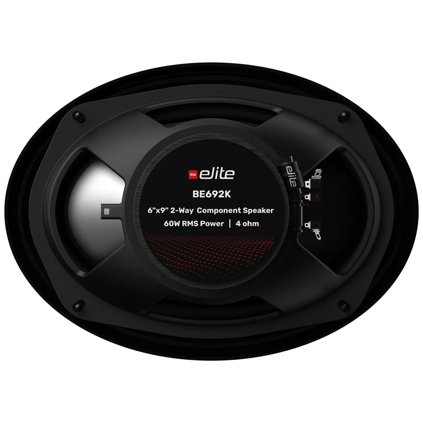 Elite BE692K 6x9" 2-Way Component Speaker System, Rubber Surround, Paper Cone, Stamped Steel Basket, Compact External Crossover, 1.4" (36 mm) Tweeter, Power Handling: 60W
