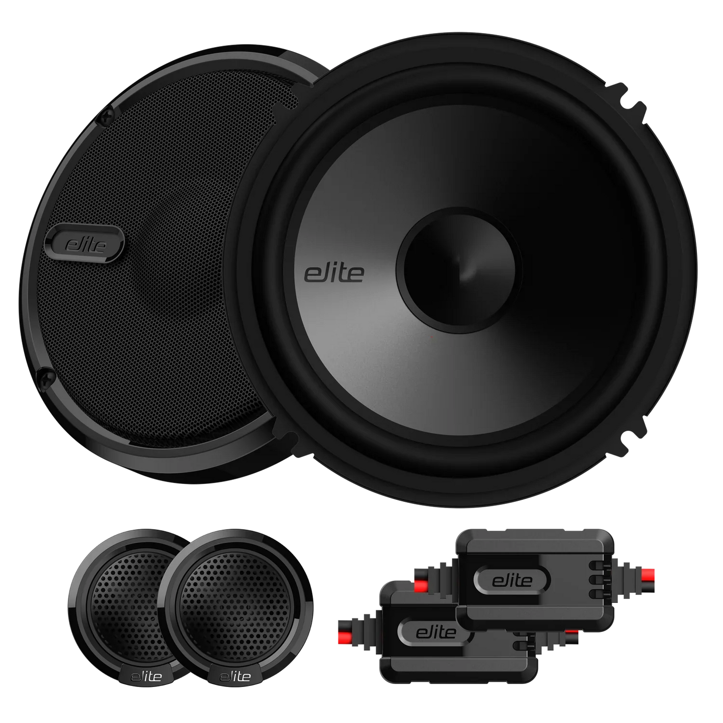 Elite BE652K 6.5" 2-Way Component Speaker System, Rubber Surround, Paper Cone, Stamped Steel Basket, Compact External Crossover, 1.4" (36 mm) Tweeter, Power Handling: 50W