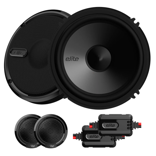 Elite BE652K 6.5" 2-Way Component Speaker System, Rubber Surround, Paper Cone, Stamped Steel Basket, Compact External Crossover, 1.4" (36 mm) Tweeter, Power Handling: 50W