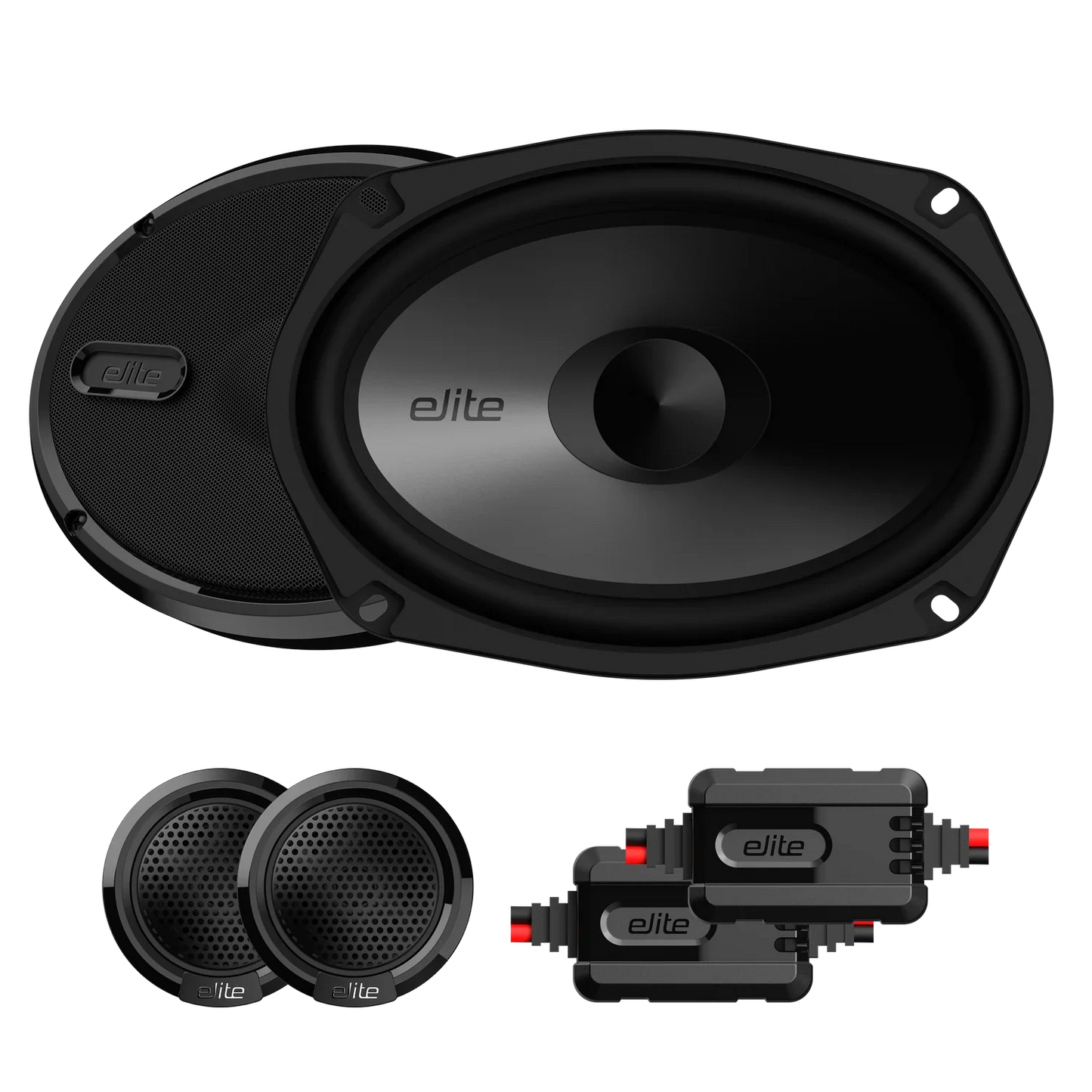 Elite BE692K 6x9" 2-Way Component Speaker System, Rubber Surround, Paper Cone, Stamped Steel Basket, Compact External Crossover, 1.4" (36 mm) Tweeter, Power Handling: 60W