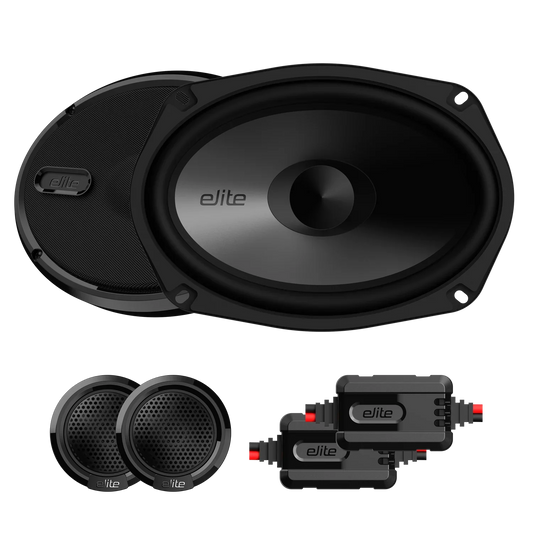 Elite BE692K 6x9" 2-Way Component Speaker System, Rubber Surround, Paper Cone, Stamped Steel Basket, Compact External Crossover, 1.4" (36 mm) Tweeter, Power Handling: 60W