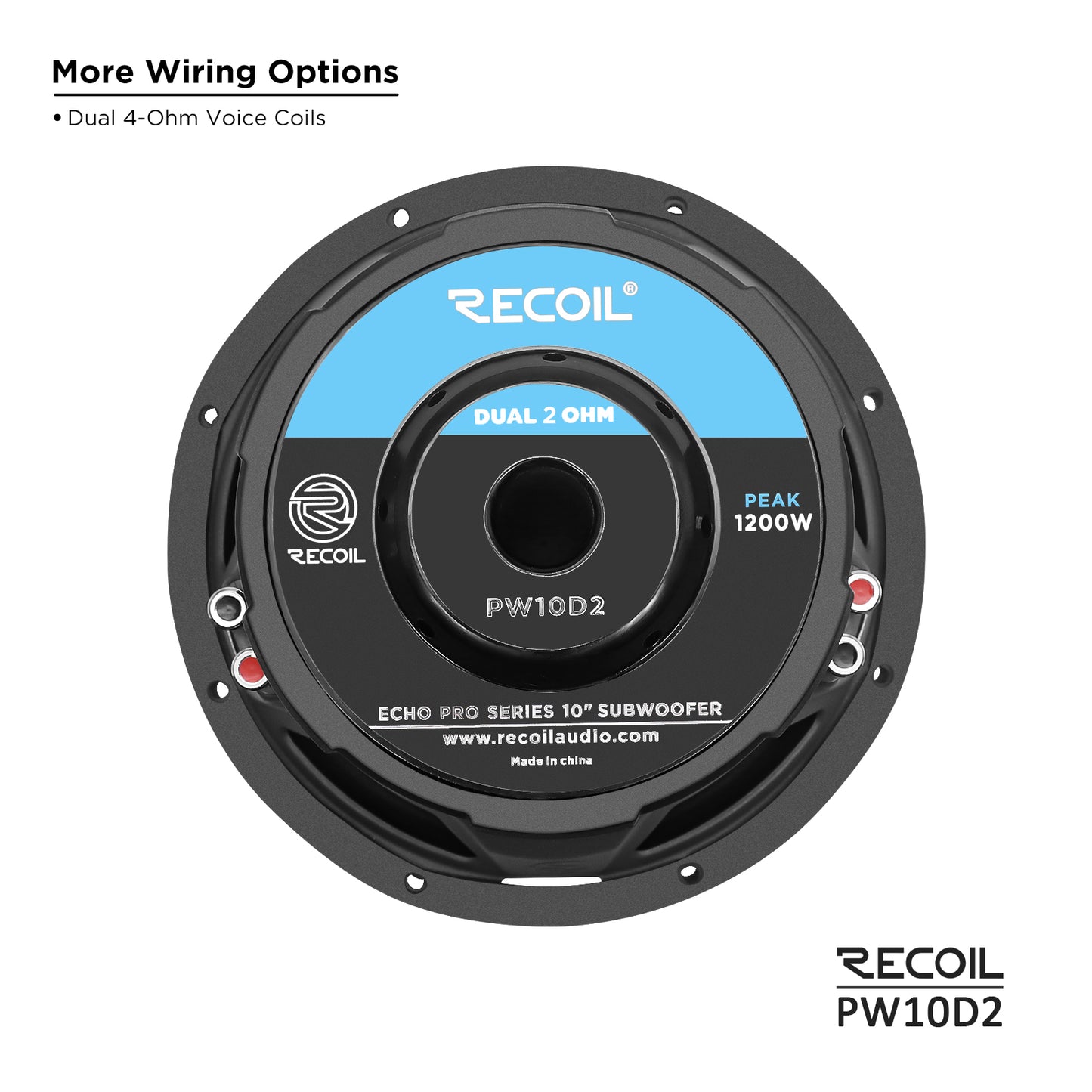 Recoil PW10D2 Echo Pro 10" Subwoofer – 1200W Peak, Dual 2-Ohm - Recoil 10" woofer - wiring options