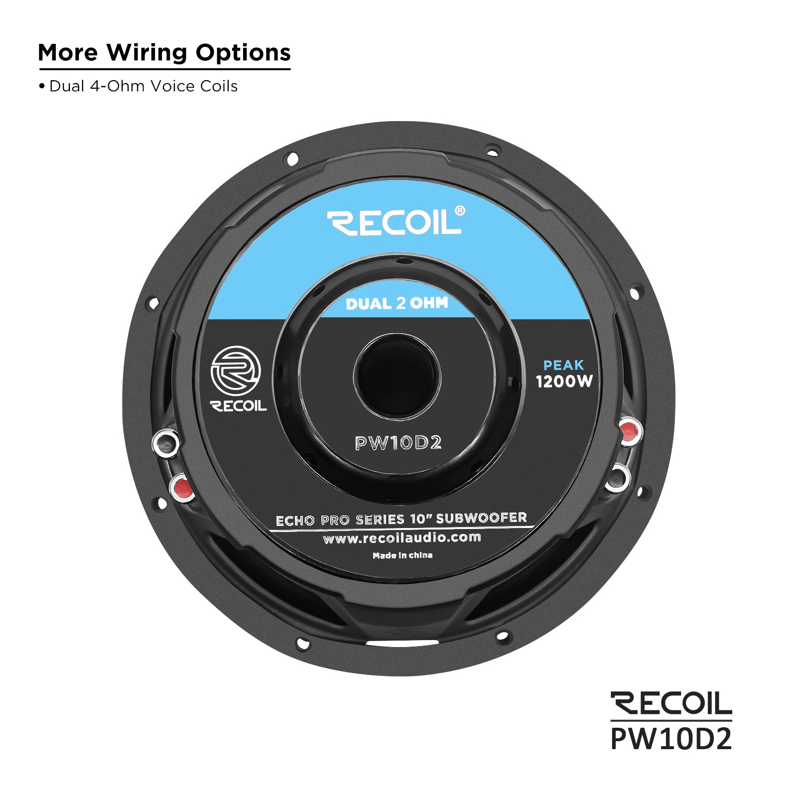 Recoil PW10D2 Echo Pro 10" Subwoofer – 1200W Peak, Dual 2-Ohm - Recoil 10" woofer - wiring options