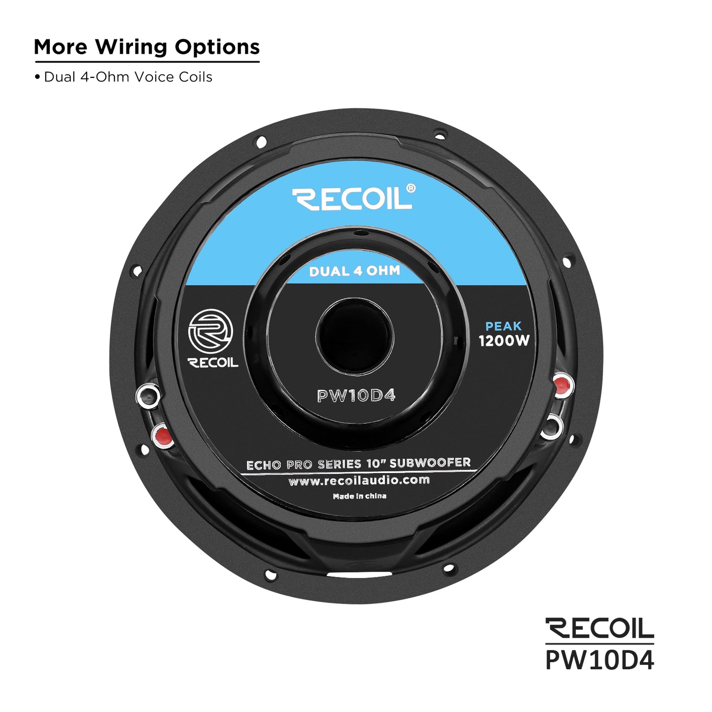 Recoil PW10D4 Echo Pro 10" Subwoofer – 1200W Peak, Dual 4-Ohm - Recoil 10" woofer - magnet view