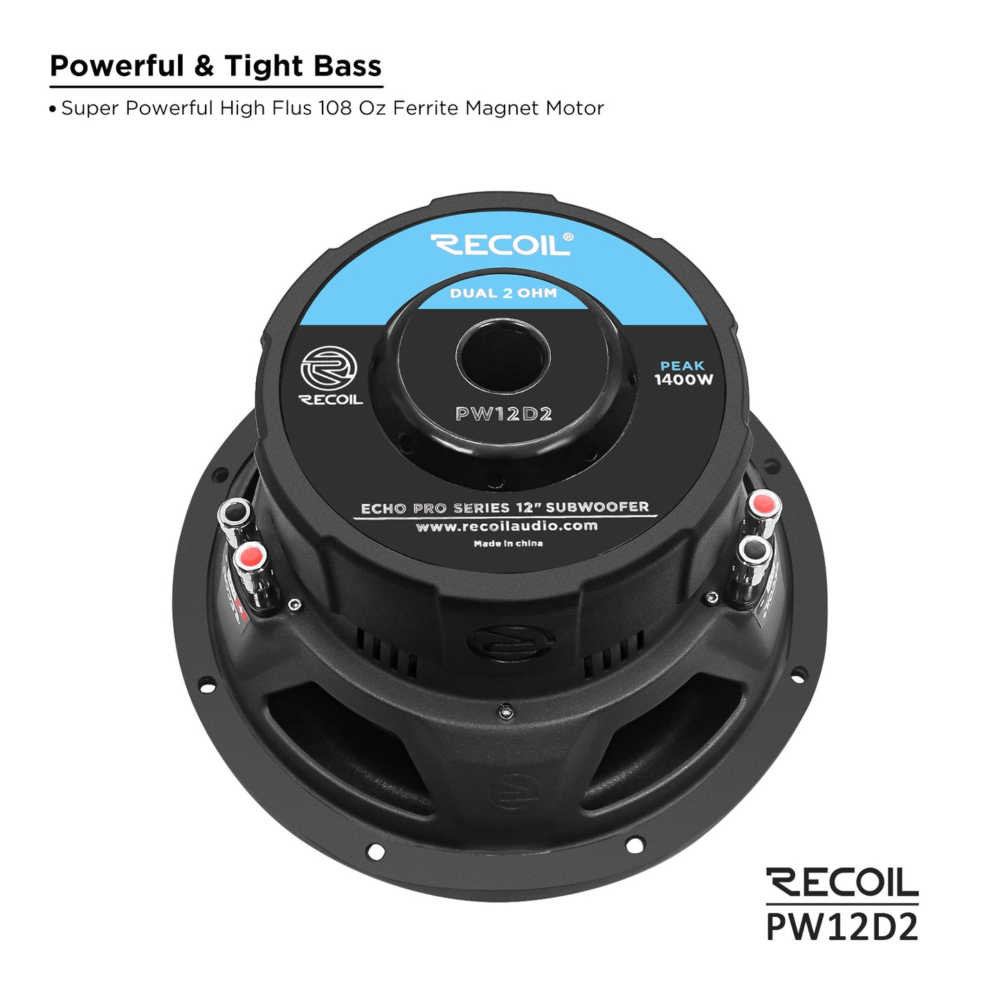 Recoil PW12D2 Echo Pro 12" Subwoofer – 1400W Peak, Dual 2-Ohm - Recoil 12" woofer - magnet view