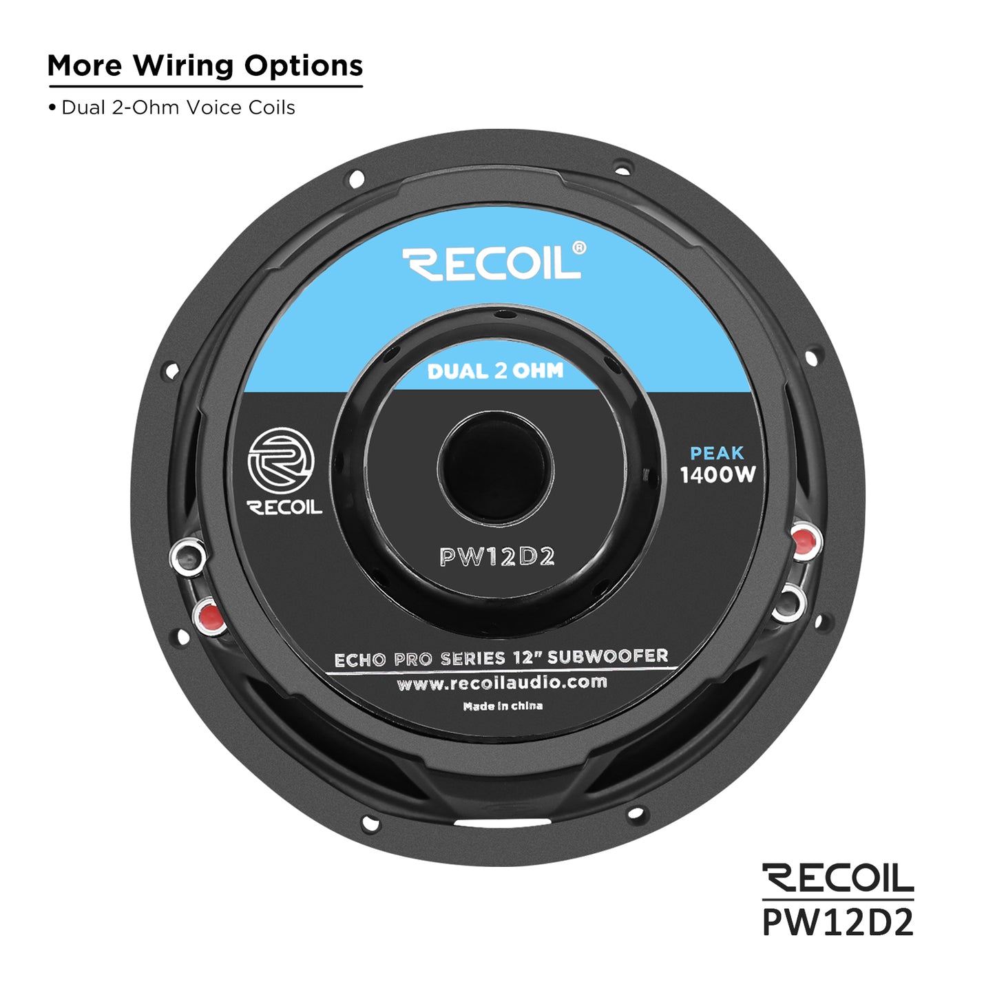 Recoil PW12D2 Echo Pro 12" Subwoofer – 1400W Peak, Dual 2-Ohm - Recoil 12" woofer - wiring options