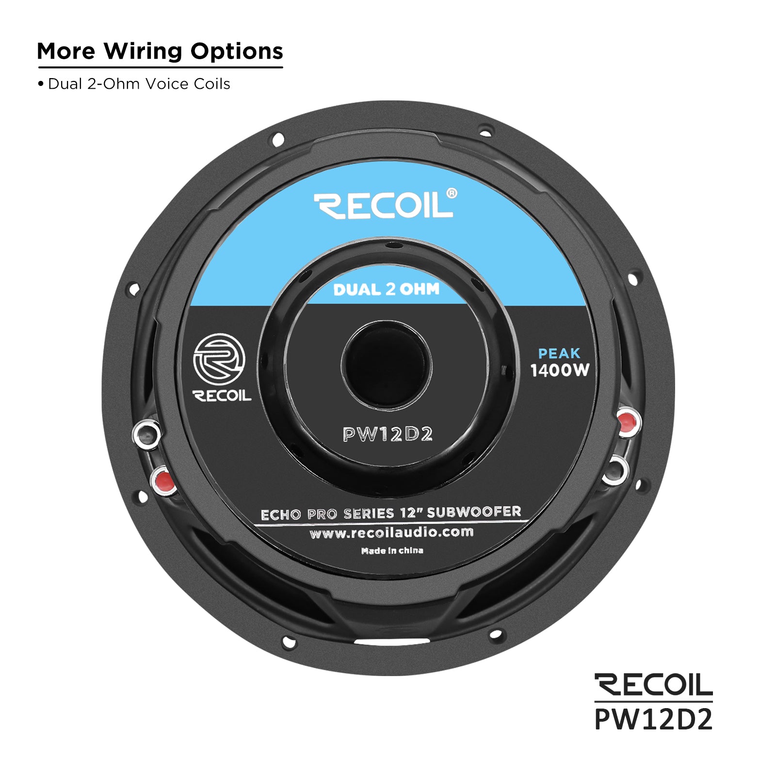 Recoil PW12D2 Echo Pro 12" Subwoofer – 1400W Peak, Dual 2-Ohm - Recoil 12" woofer - wiring options