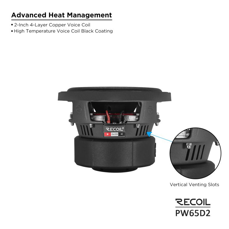 Recoil PW65D2 Echo Pro 6.5" Subwoofer – 400W Peak, Dual 2-Ohm - Recoil 6.5" Speaker - heat mgmt