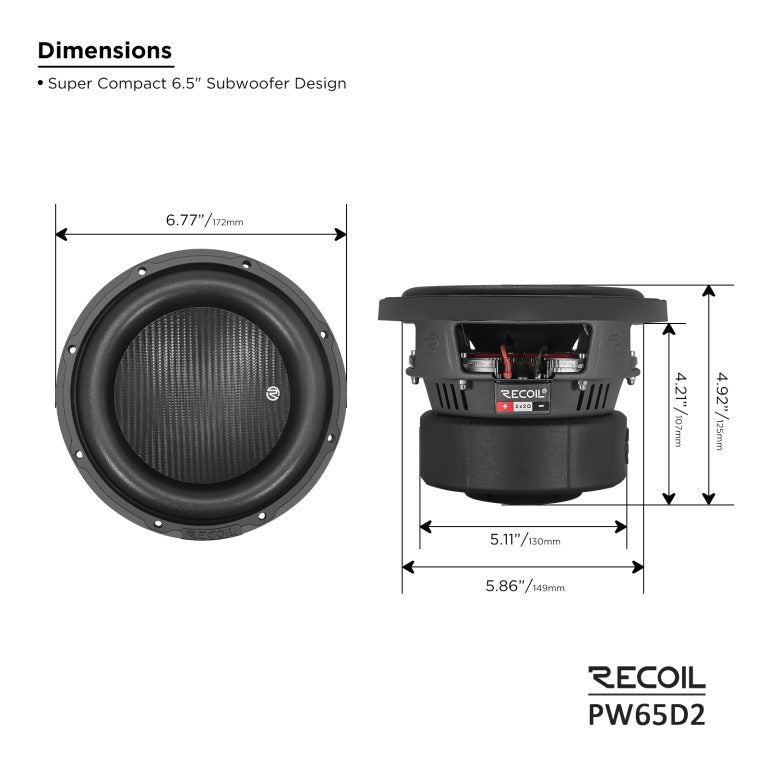 Recoil PW65D2 Echo Pro 6.5" Subwoofer – 400W Peak, Dual 2-Ohm - Recoil 6.5" Speaker - dimensions