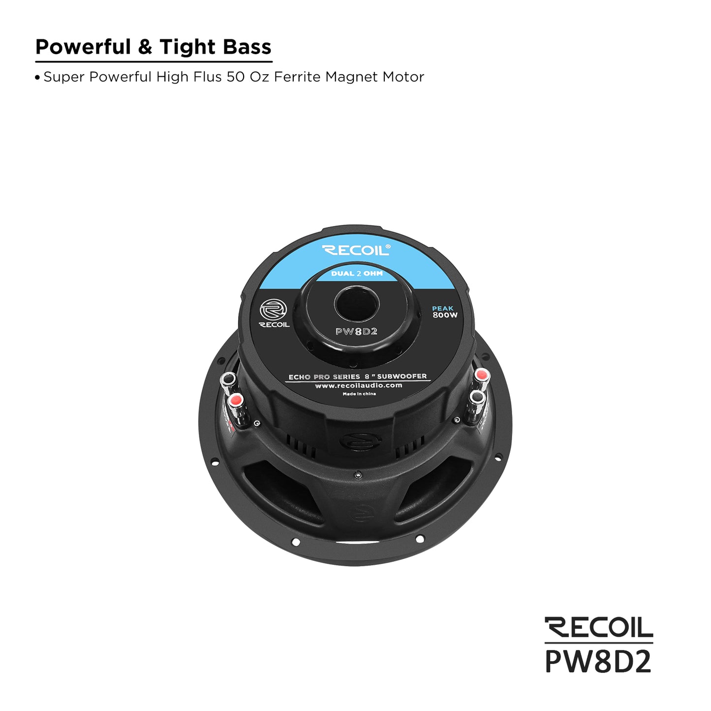 Recoil PW8D2 Echo Pro 8" Subwoofer – 800W Peak, Dual 2-Ohm - Recoil Speaker - magnet view