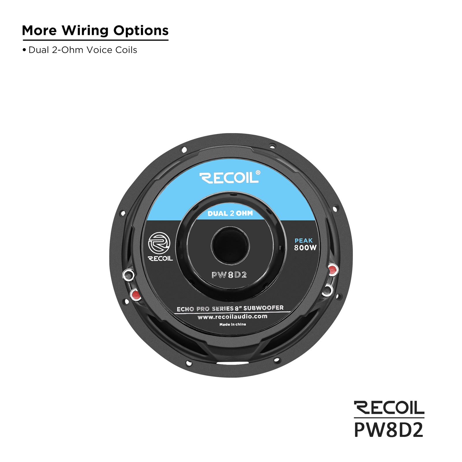 Recoil PW8D2 Echo Pro 8" Subwoofer – 800W Peak, Dual 2-Ohm - Recoil Speaker - wiring options