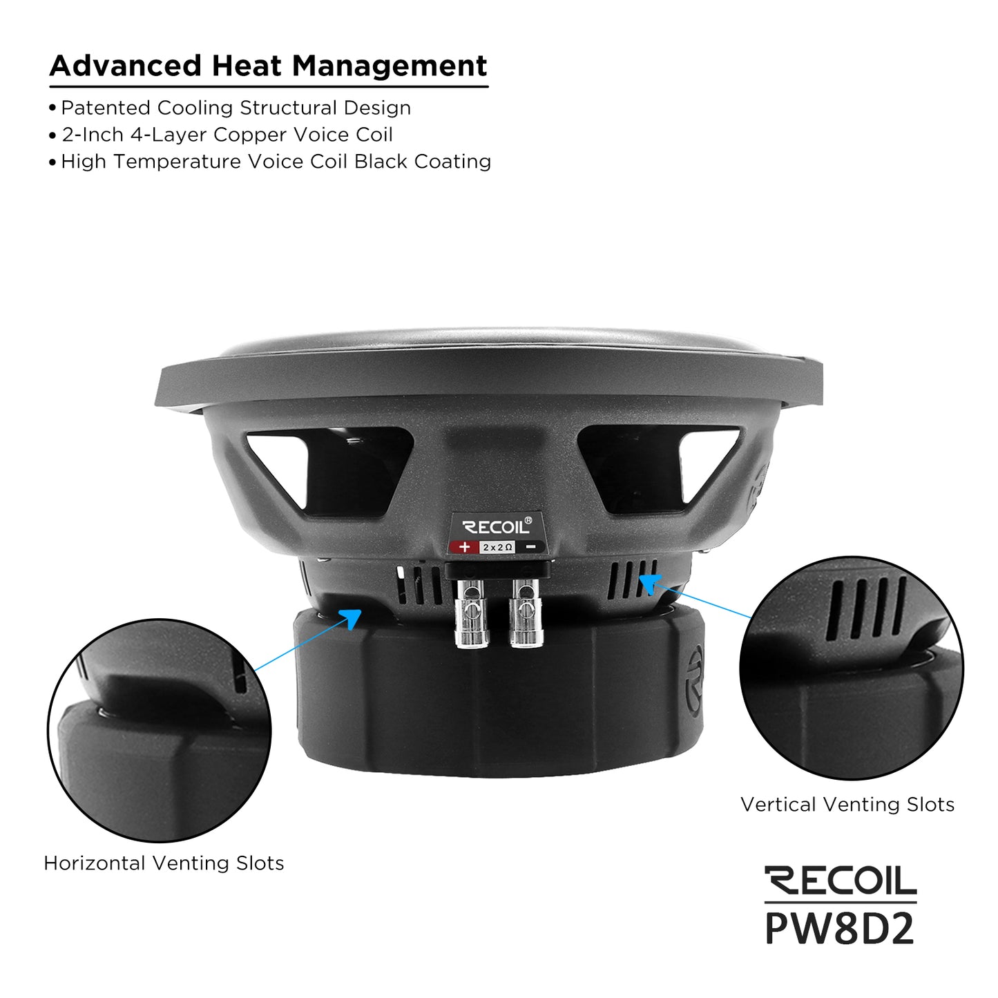 Recoil PW8D2 Echo Pro 8" Subwoofer – 800W Peak, Dual 2-Ohm - Recoil Speaker - heat mgmt