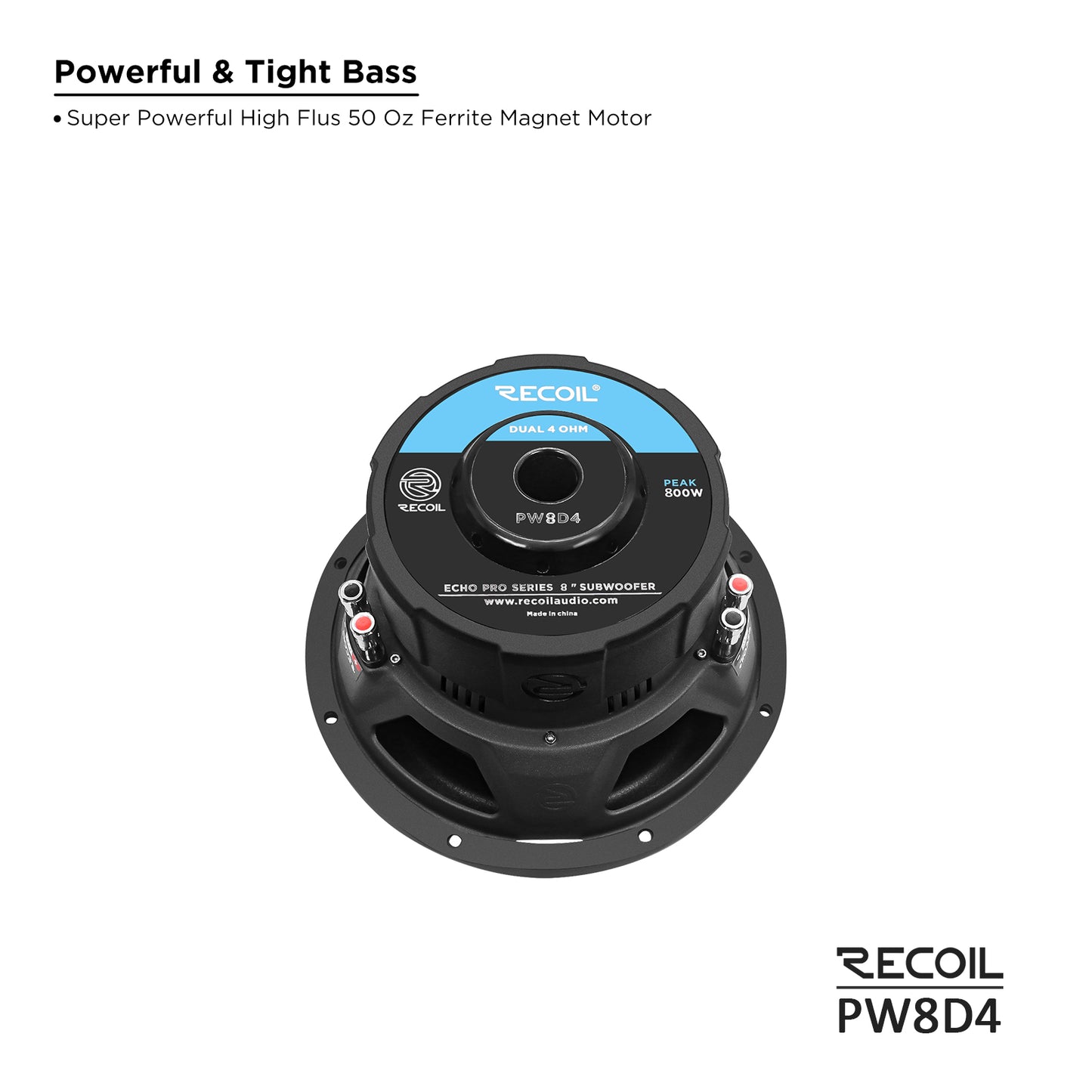 Recoil PW8D4 Echo Pro 8" Subwoofer – 800W Peak, Dual 4-Ohm - Recoil woofer - details