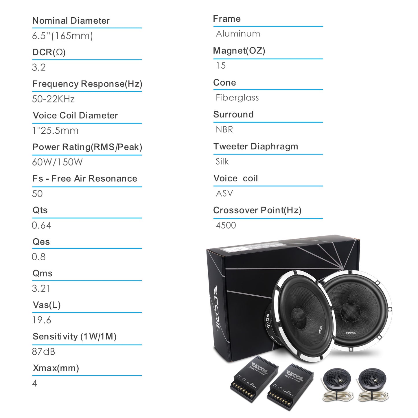 Recoil RD65 Performance Series 6.5" 2-Way Component Car Speakers – 300W Peak - Recoil Component Speakers - specs