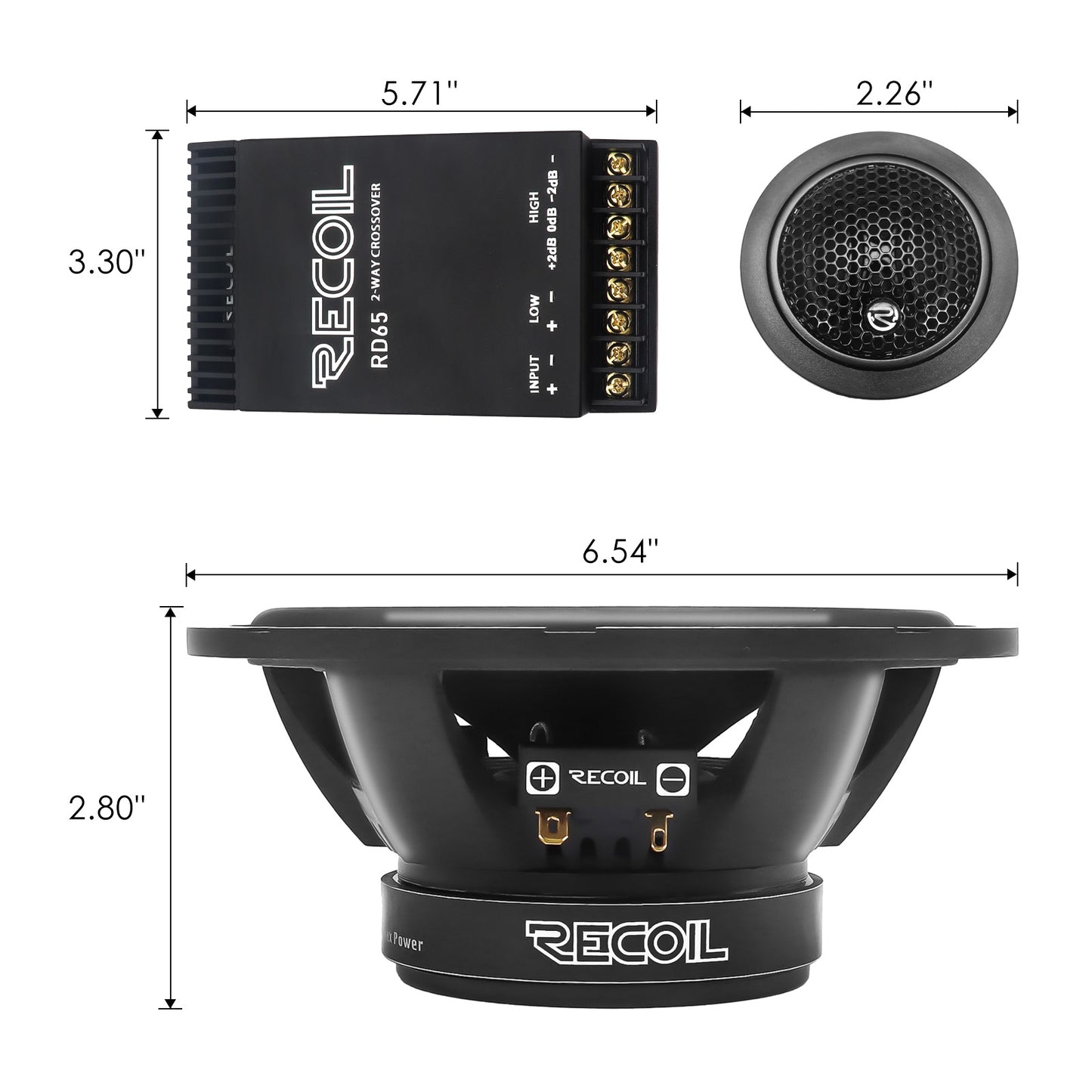 Recoil RD65 Performance Series 6.5" 2-Way Component Car Speakers – 300W Peak - Recoil Component Speakers - dimensions