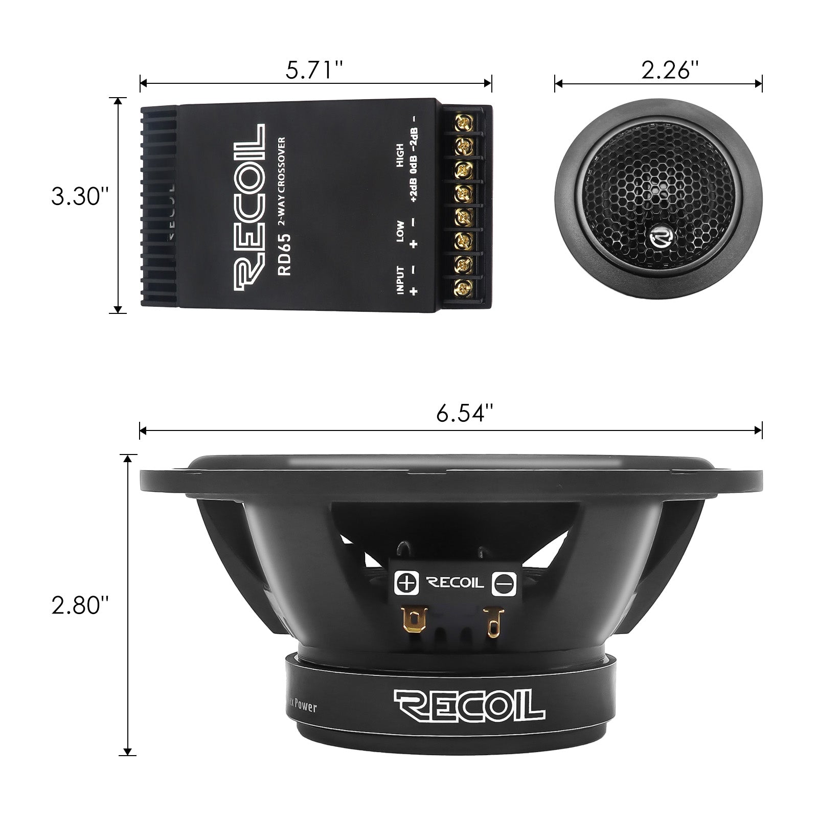 Recoil RD65 Performance Series 6.5" 2-Way Component Car Speakers – 300W Peak - Recoil Component Speakers - dimensions