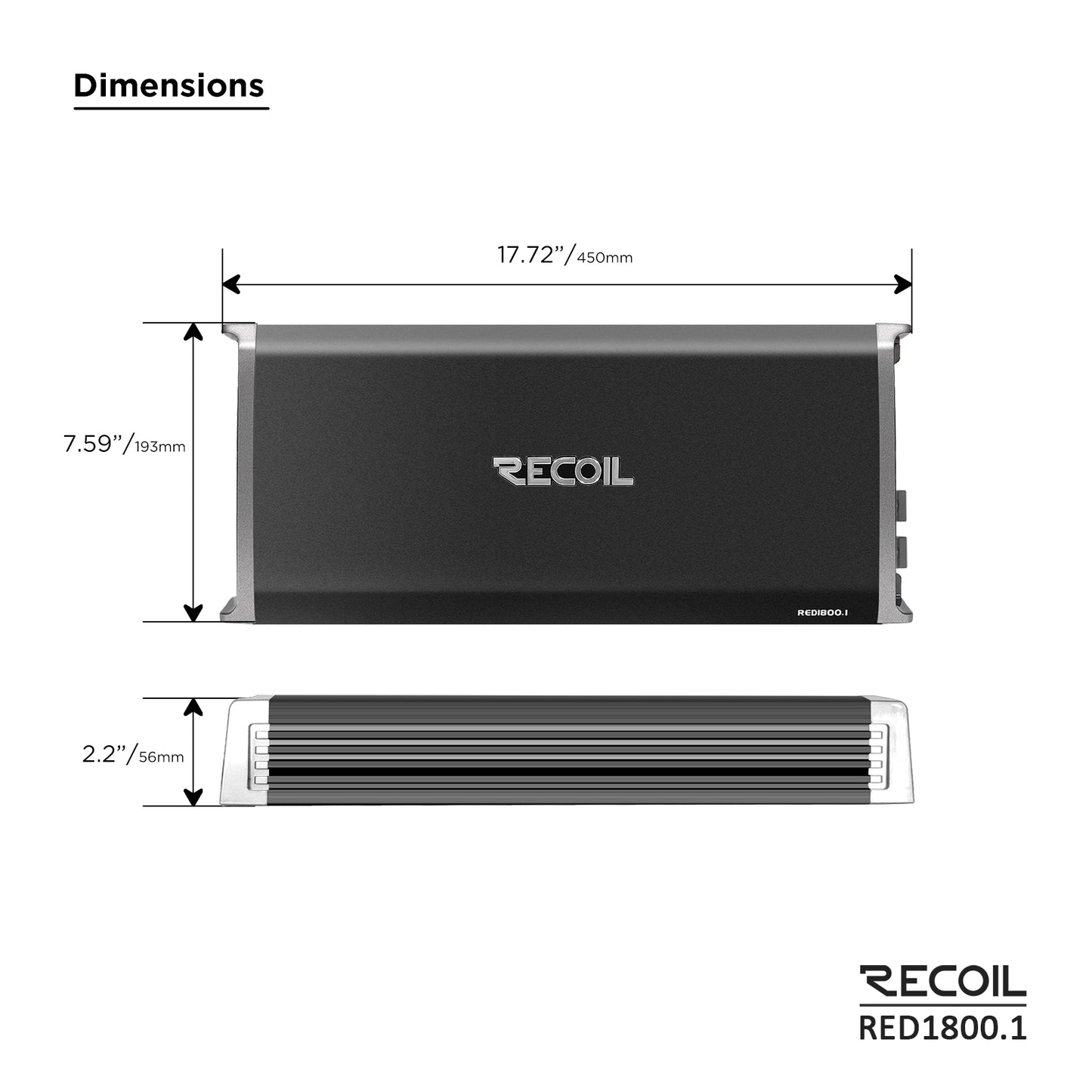 Recoil RED1800.1 3600W Class-D Mono-Block Subwoofer Amplifier – 1Ω Stable - Recoil Amplifier dimensions
