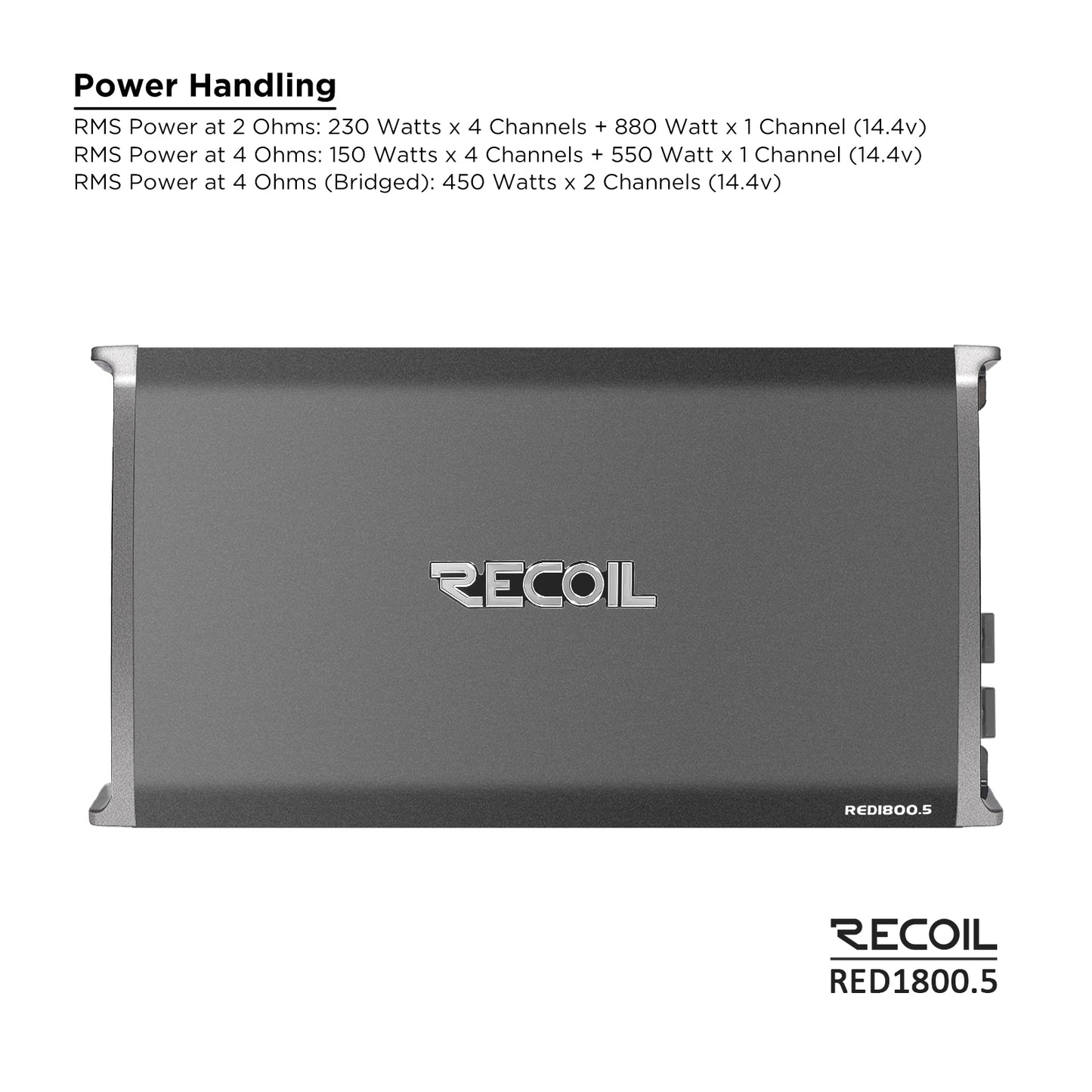 Recoil RED1800.5 1800W 5-Channel Class-D Car Amplifier – Mono 1Ω Stable - Recoil Amplifier power info