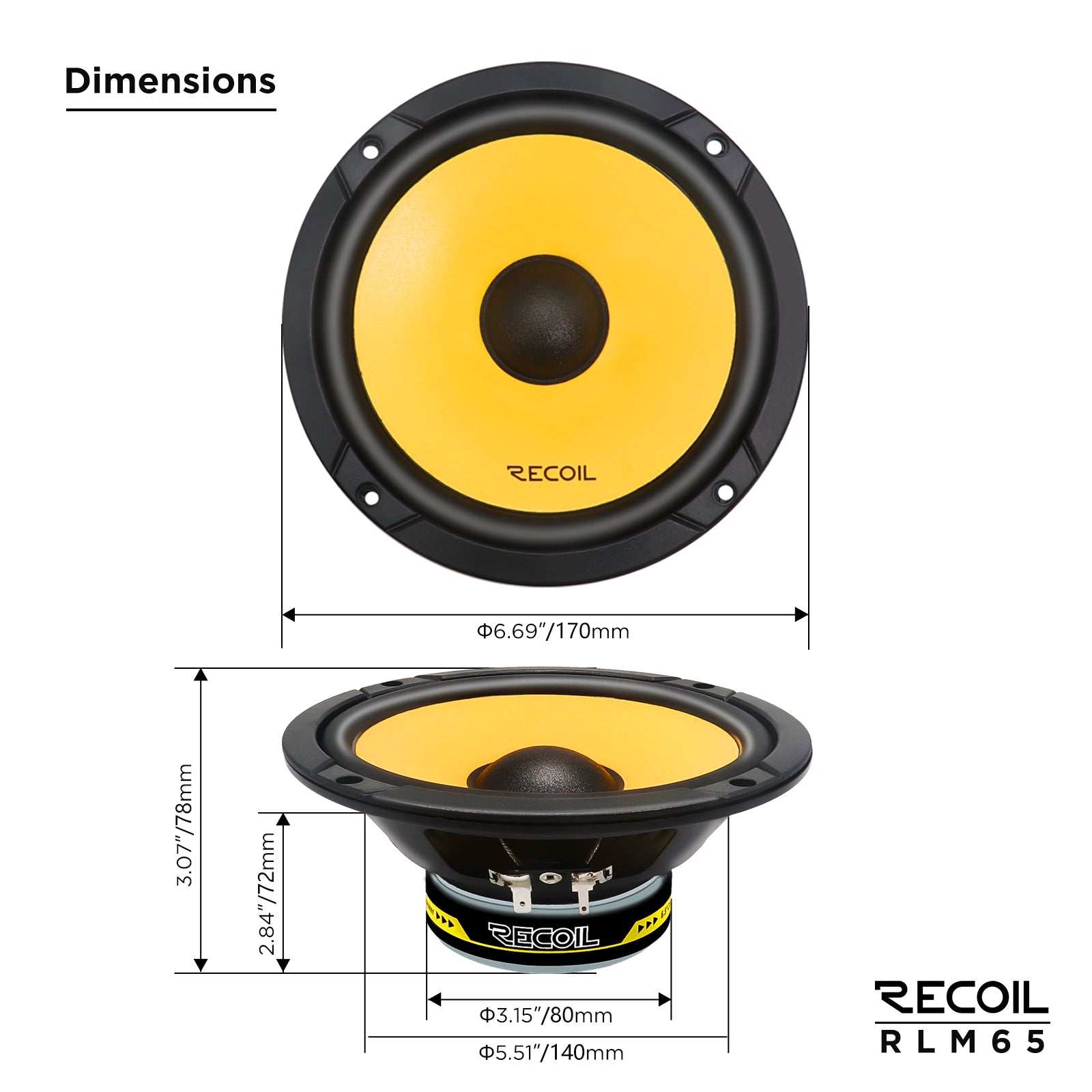 Recoil RLM65 Level-3 6.5" 2-Way Component Car Speakers – 160W Peak - Recoil Component Speakers - dimensions for mids