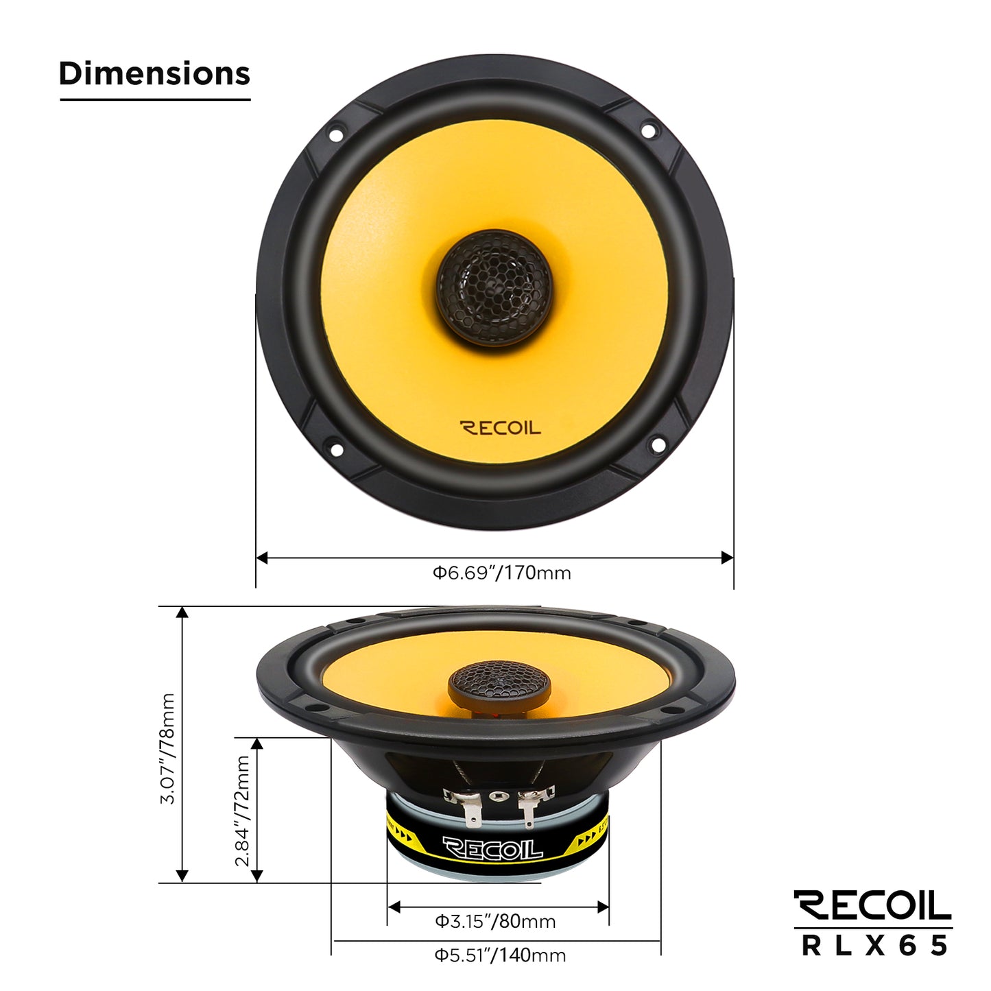 Recoil RLX65 Level-3 6.5" 2-Way Coaxial Car Speakers – 160W Peak - Recoil Coax speakers - dimensions 6.5