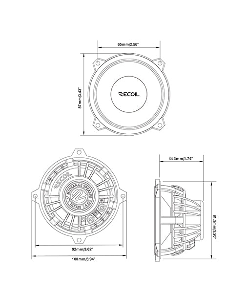 Recoil RMS35 Premium 3.5" Midrange Component Speaker – Neodymium Magnet - Recoil Speakers - dimensions
