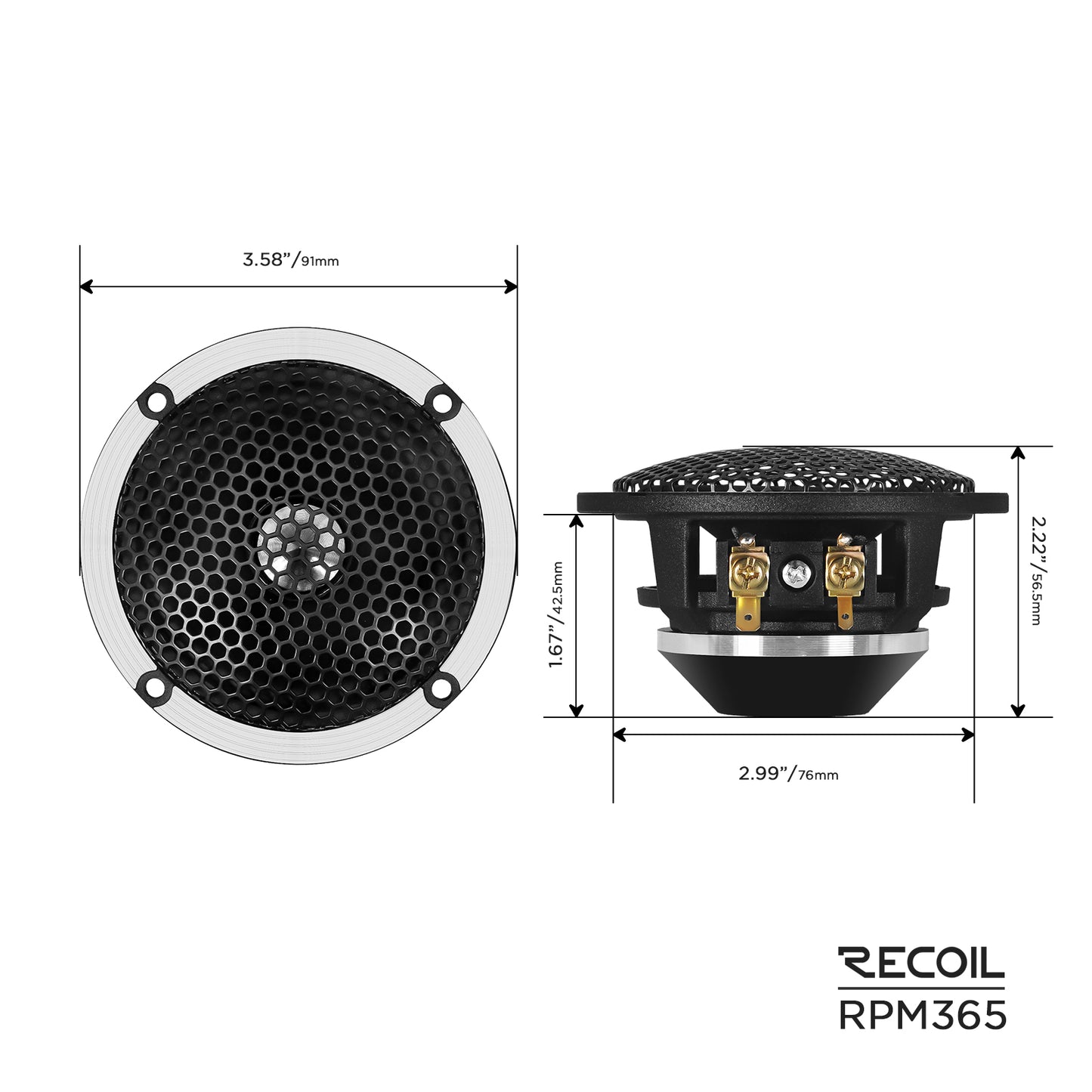 Recoil RPM365 6.5" 3-Way Component Speakers – Echo Pro 160W Car Audio - Recoil component system mids dimensions