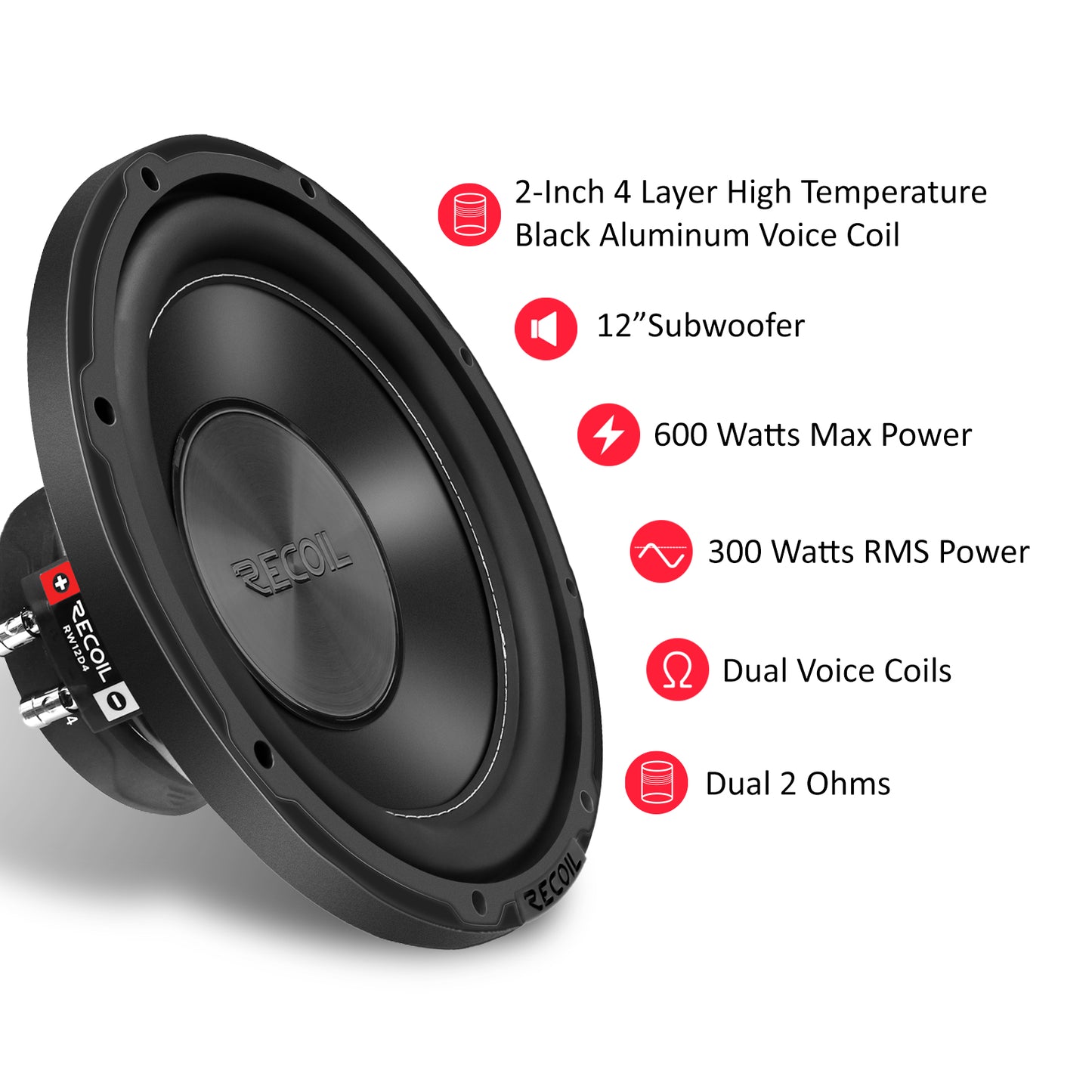 Recoil RW12D4 Echo 12" Car Subwoofer – 600W Peak, Dual 4 Ohm, 300W RMS - Recoil Subwoofer - details