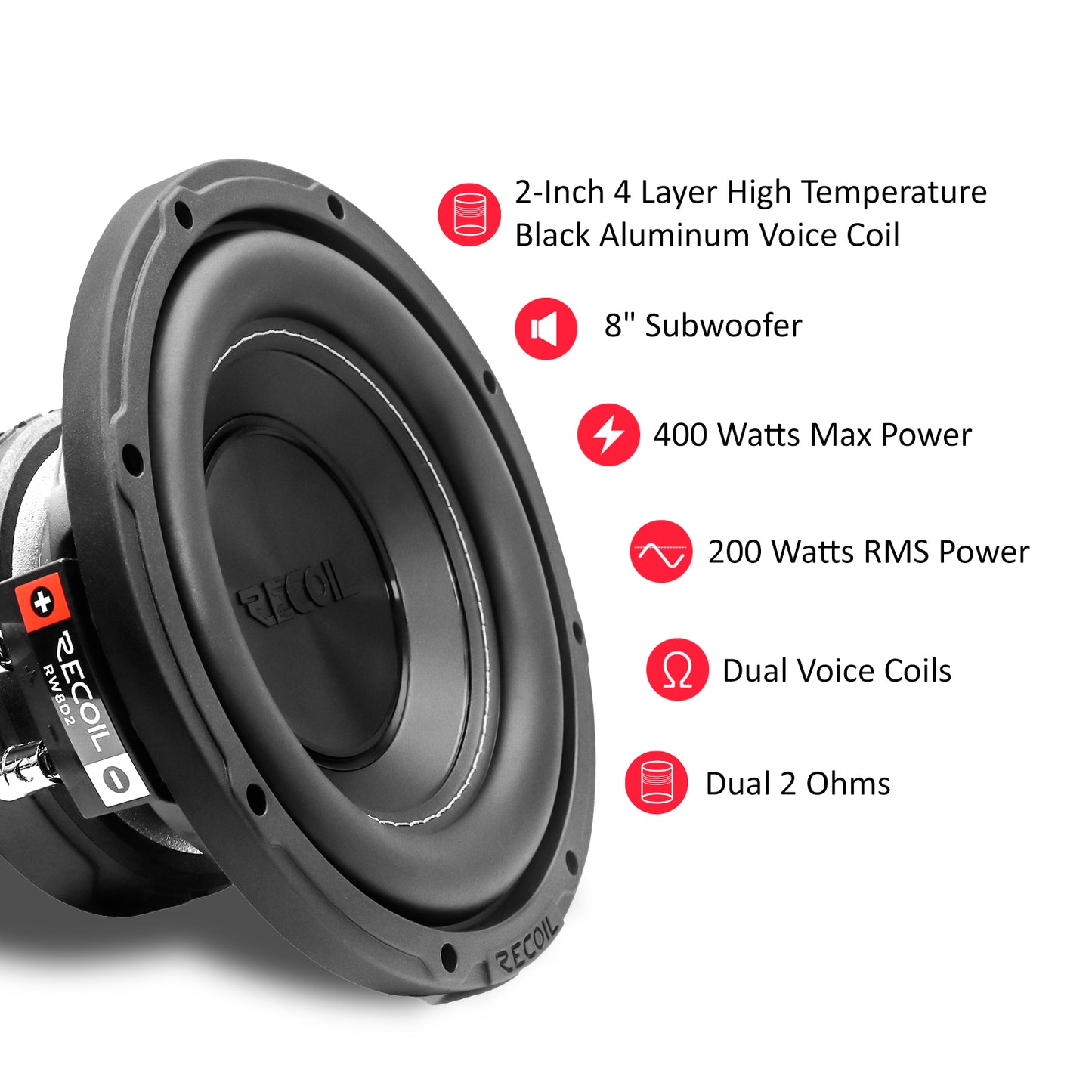 Recoil RW8D4 Echo Series 8" 400W Dual 4Ω Car Subwoofer – High Temp Voice Coil - Recoil Subwoofer details