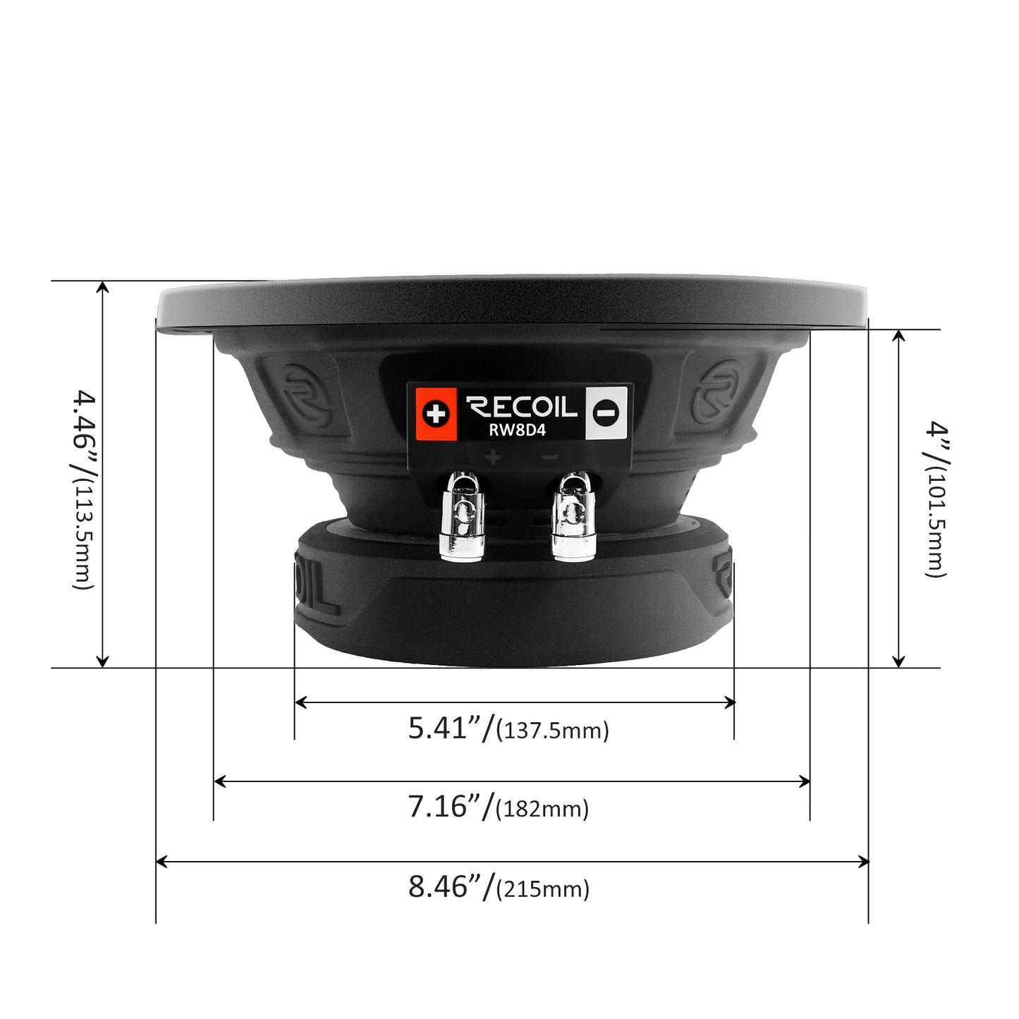 Recoil RW8D4 Echo Series 8" 400W Dual 4Ω Car Subwoofer – High Temp Voice Coil - Recoil Subwoofer dimensions