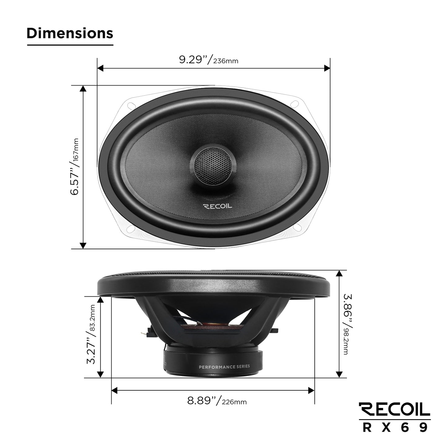 Recoil RX69 6x9" 2-Way Coaxial Car Speakers – 180W Peak Audio - Recoil Coaxial Speaker - dimensions