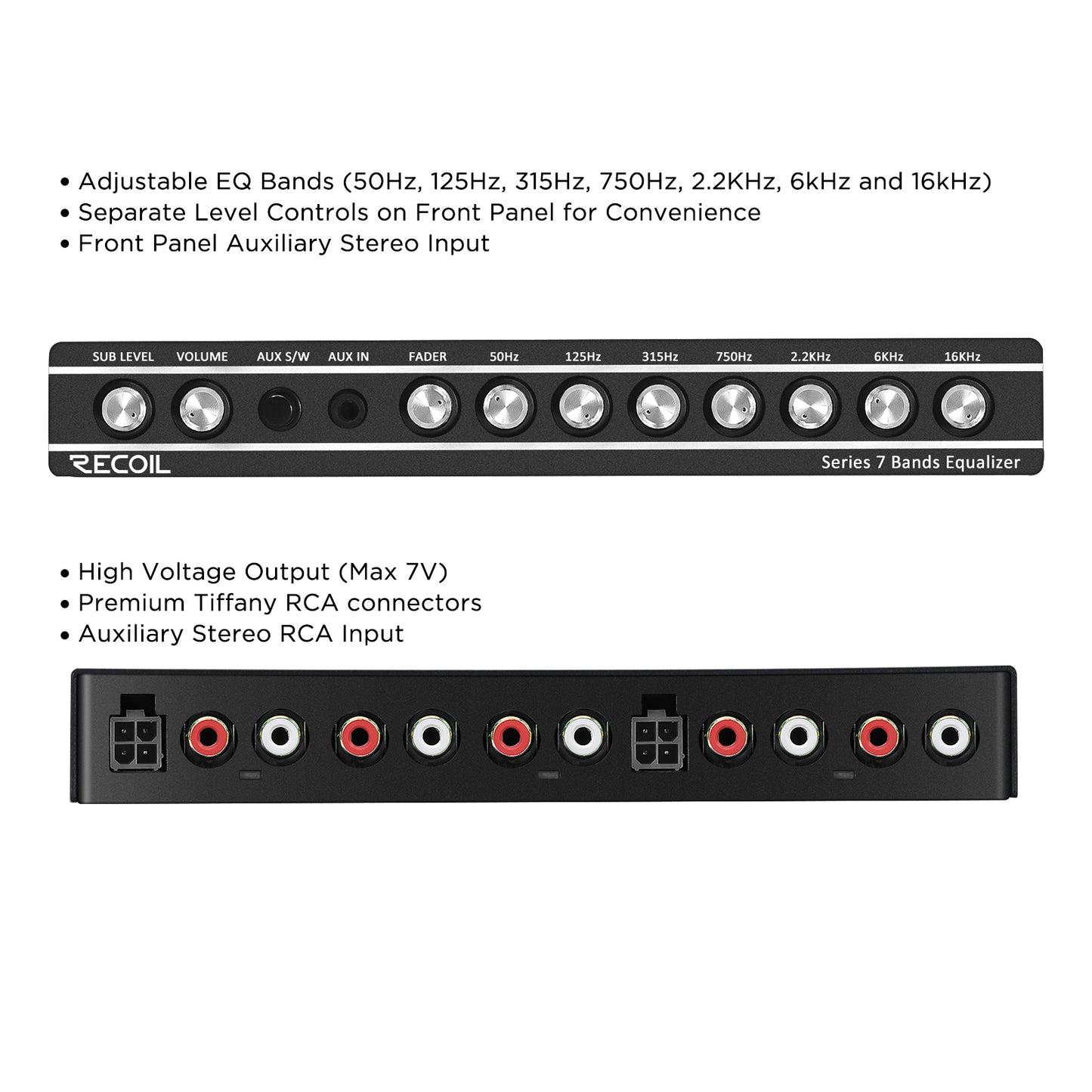 Recoil REQ7 7-Band Car Audio Equalizer – 1/2 DIN Pre-Amp EQ with RCA, AUX & 7V Outputs