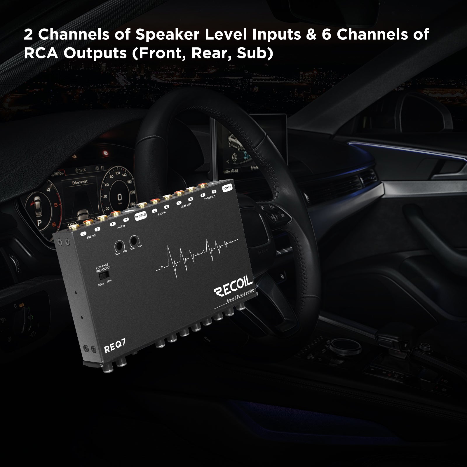 Recoil REQ7 7-Band Car Audio Equalizer – 1/2 DIN Pre-Amp EQ with RCA, AUX & 7V Outputs