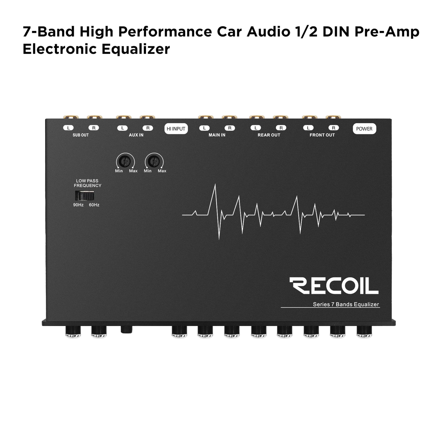 Recoil REQ7 7-Band Car Audio Equalizer – 1/2 DIN Pre-Amp EQ with RCA, AUX & 7V Outputs