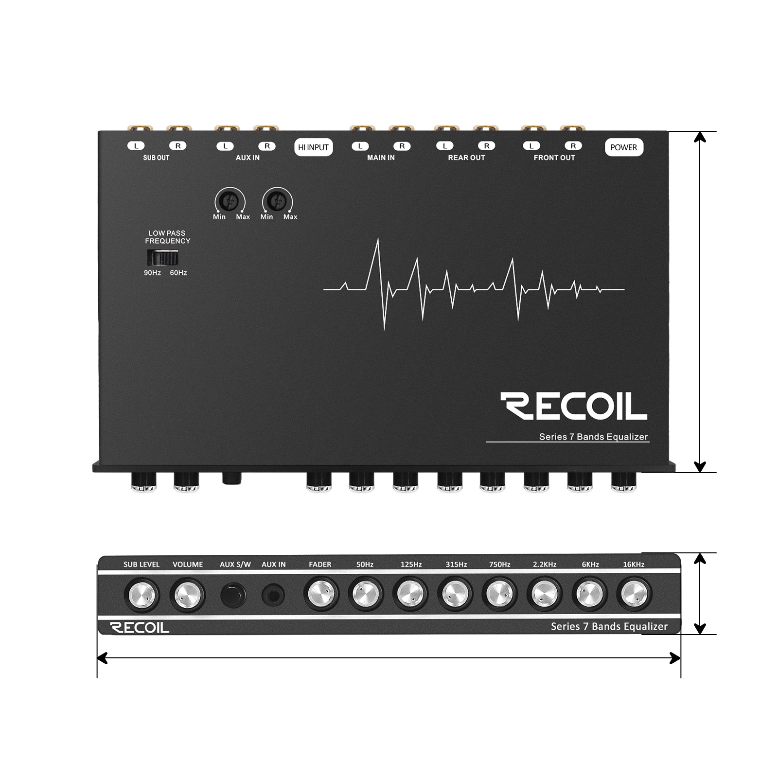 Recoil REQ7 7-Band Car Audio Equalizer – 1/2 DIN Pre-Amp EQ with RCA, AUX & 7V Outputs