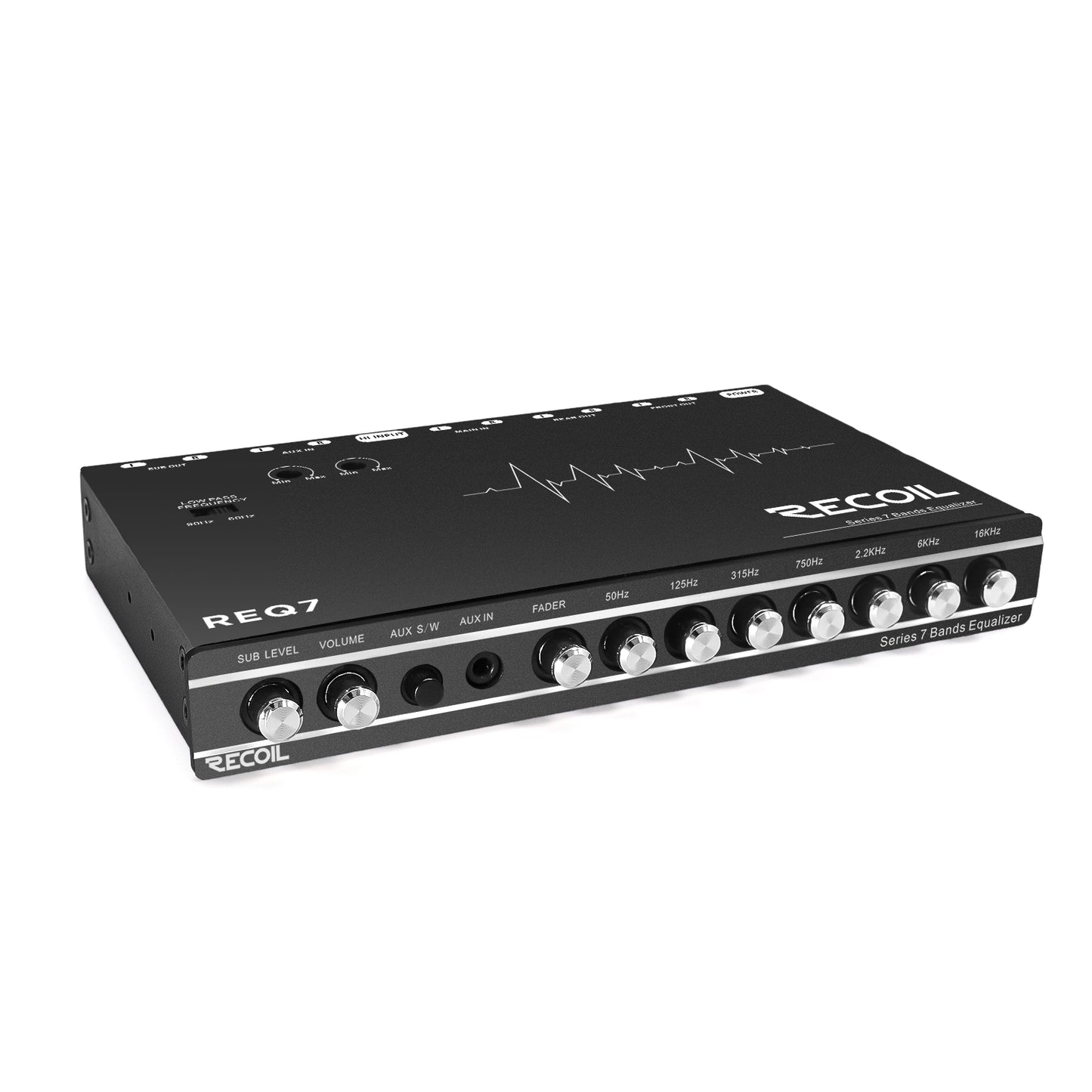 Recoil REQ7 7-Band Car Audio Equalizer – 1/2 DIN Pre-Amp EQ with RCA, AUX & 7V Outputs