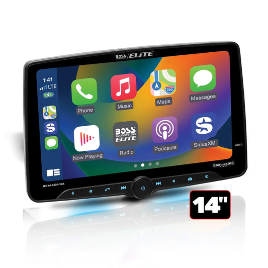 Elite BE14ACP.WX Car Stereo - Apple CarPlay, Android Auto, Sirius XM-Ready, Single Din, 14" Touchscreen, Bluetooth, No DVD, AM/FM, Multicolor Panel