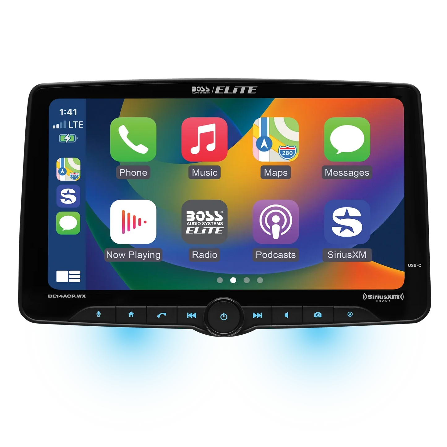 Elite BE14ACP.WX Car Stereo - Apple CarPlay, Android Auto, Sirius XM-Ready, Single Din, 14" Touchscreen, Bluetooth, No DVD, AM/FM, Multicolor Panel
