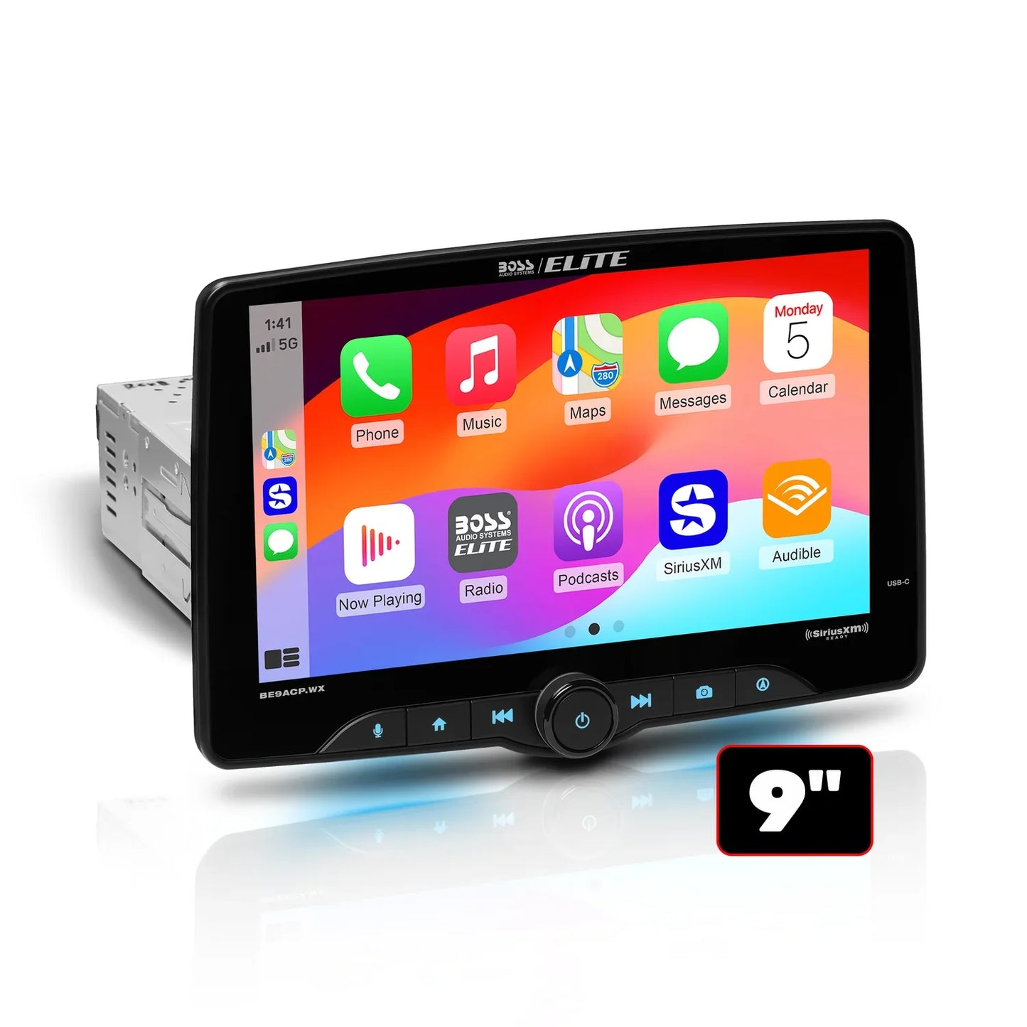 Elite BE9ACP.WX Car Stereo – Wireless CarPlay Android Auto, SiriusXM-Ready, Single Din 9 Inch Touchscreen, Bluetooth, No CD DVD Player, AM/FM, Multicolor Panel