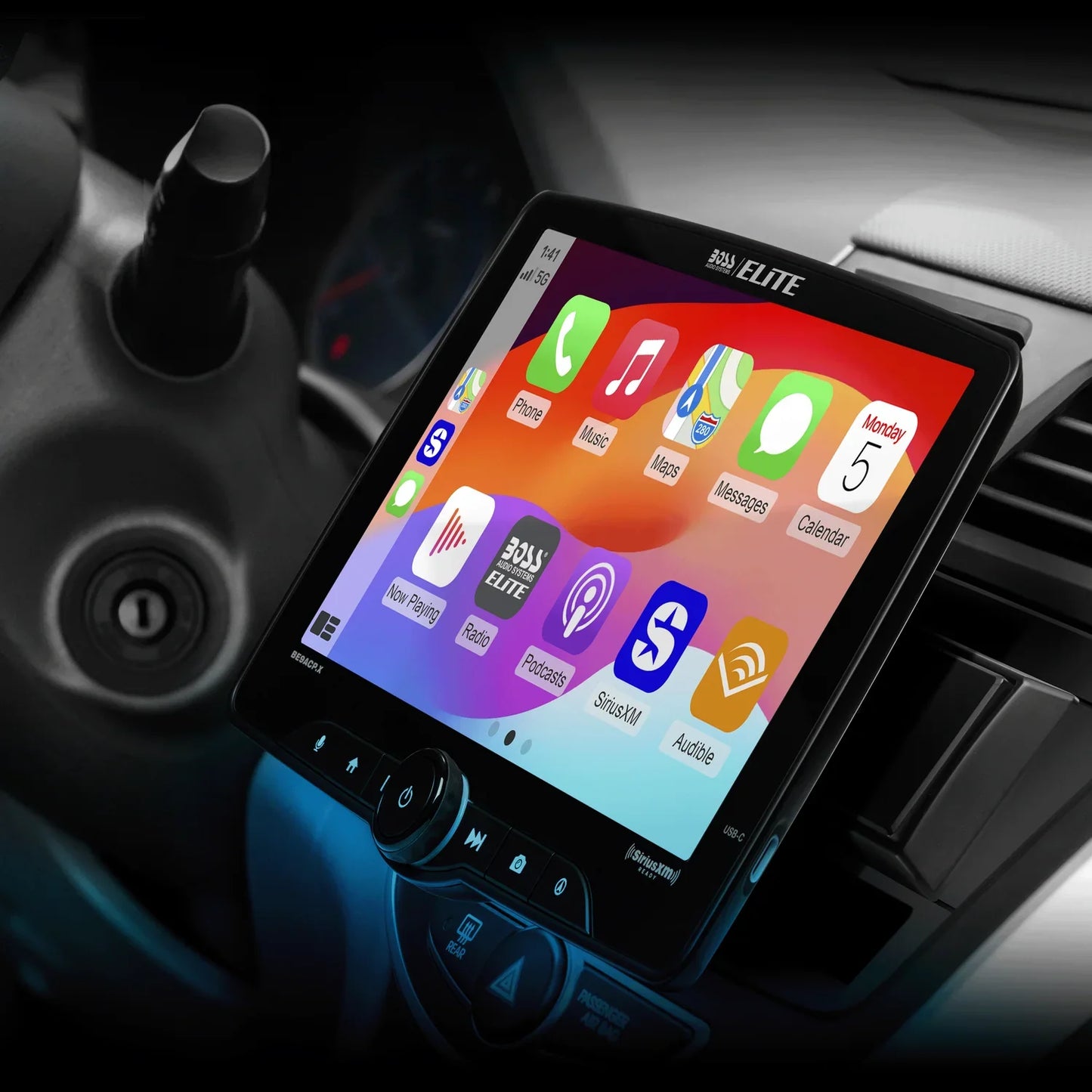 Elite BE9ACP.X Car Stereo - Apple CarPlay, Android Auto, Sirius XM-Ready, Single Din, 9 Inch Touchscreen, Bluetooth, No CD DVD Player, AM/FM, Multicolor Panel
